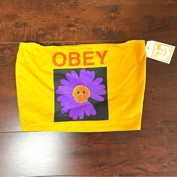 OBEY Worldwide Sad Daisy Bandeau Mustard Strapless Crop Top Size Large NWT - Picture 2 of 7